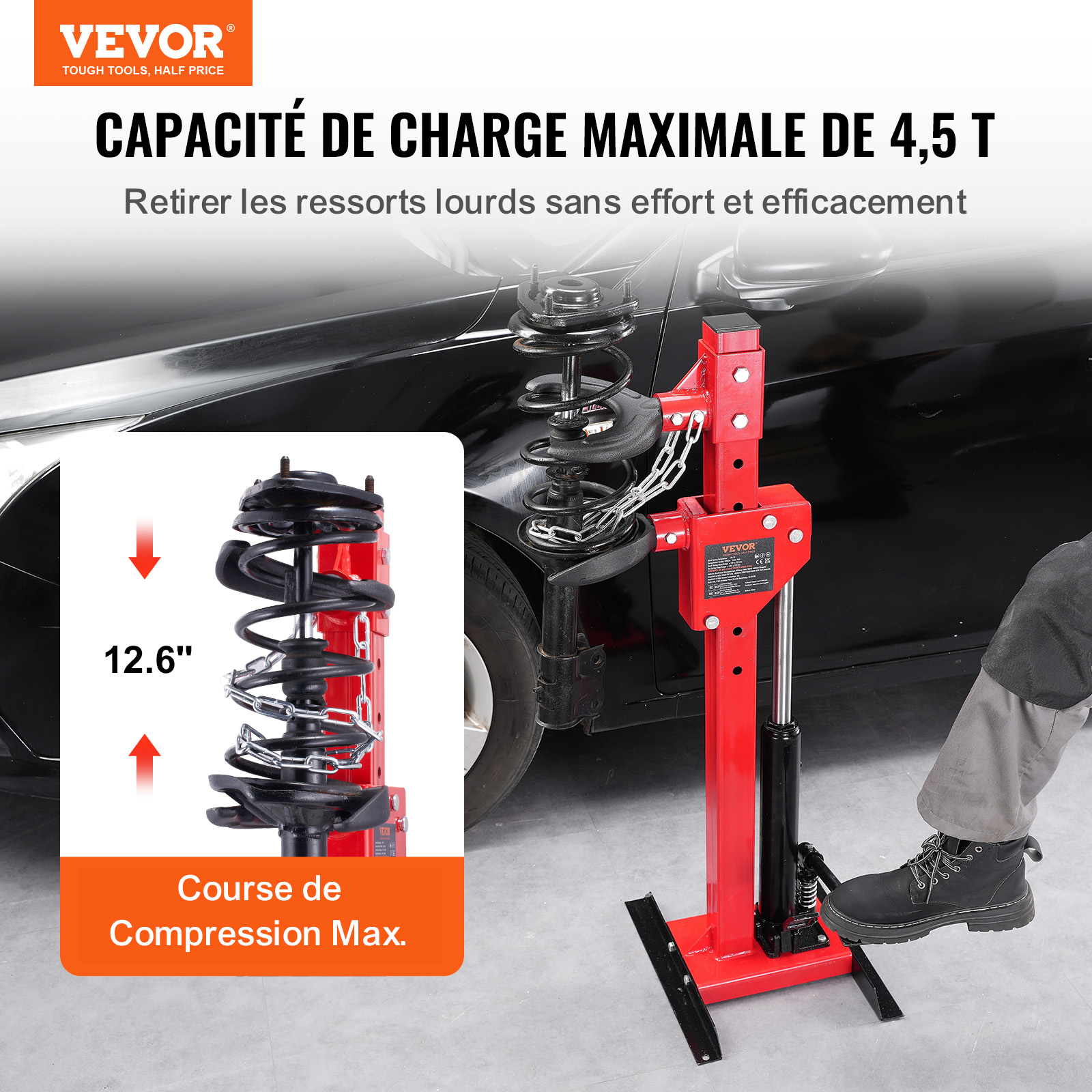Compresor de resorte rojo con puntal de coche, carrera de 12,6".