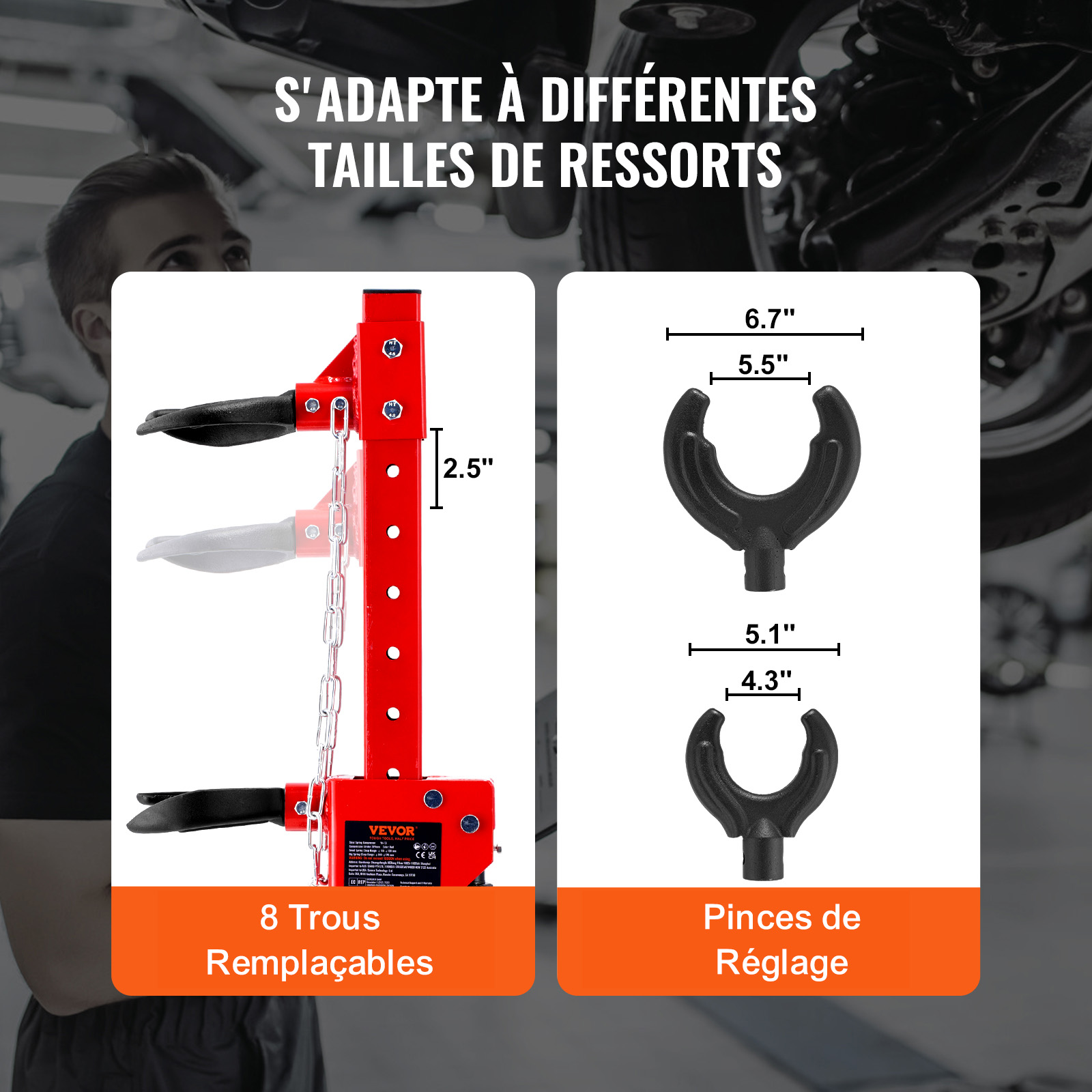 Compresor de resorte rojo con soportes negros y cadenas. Pinzas negras al lado.