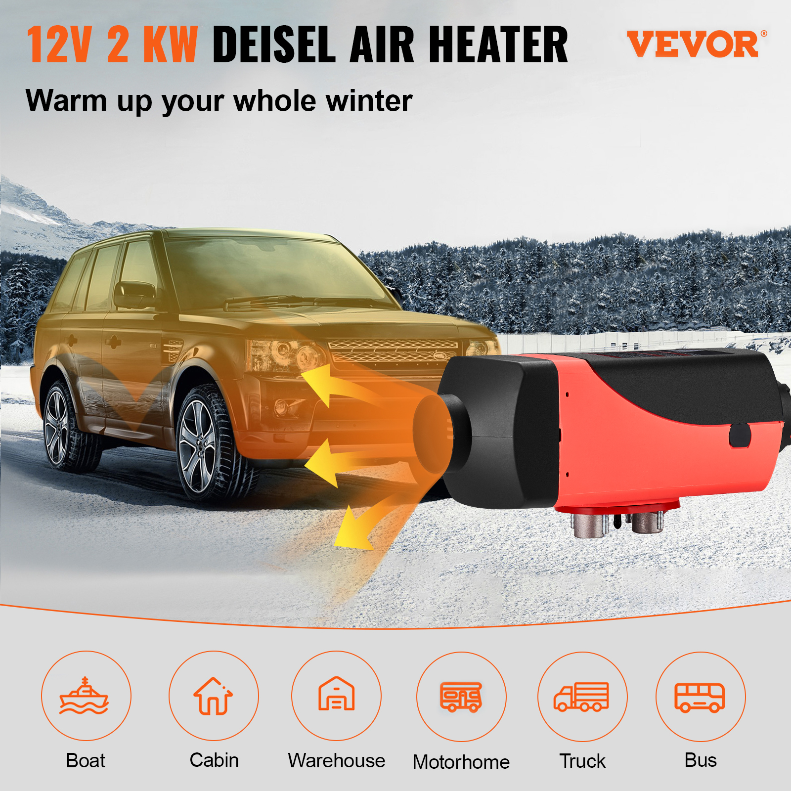 Ein roter Diesel-Luftheizer mit Auspuffrohr, der Wärme auf einen SUV projiziert.
