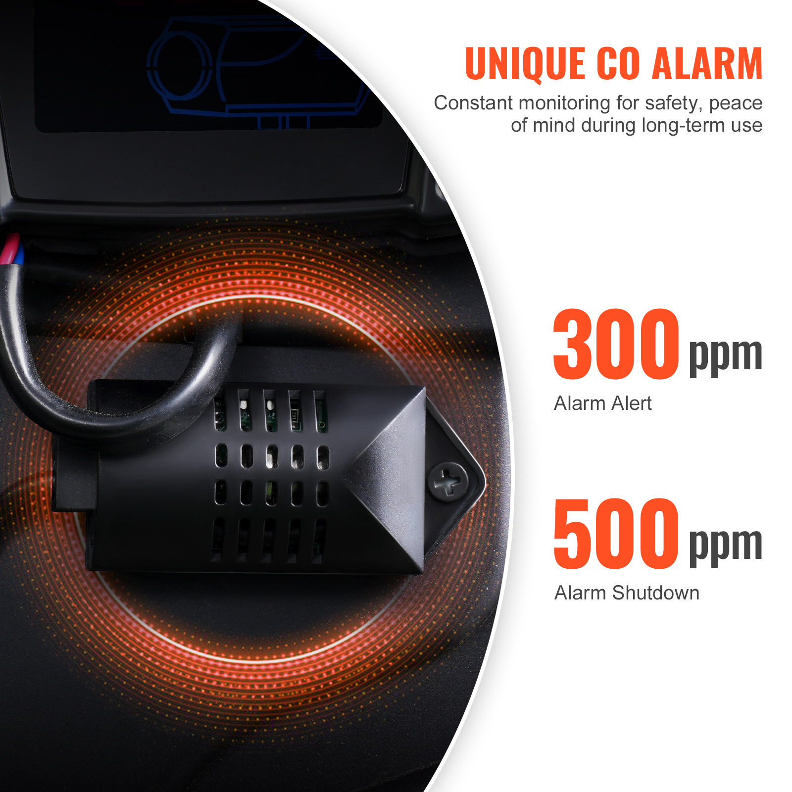 Alarma de CO con niveles de alerta de 300 ppm y parada de 500 ppm.