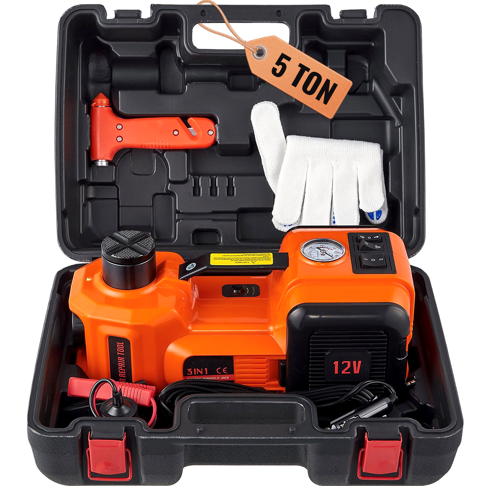 Ein orangefarner Wagenheber mit Werkzeug in einem schwarzen Koffer. Inklusive Handschuhen.