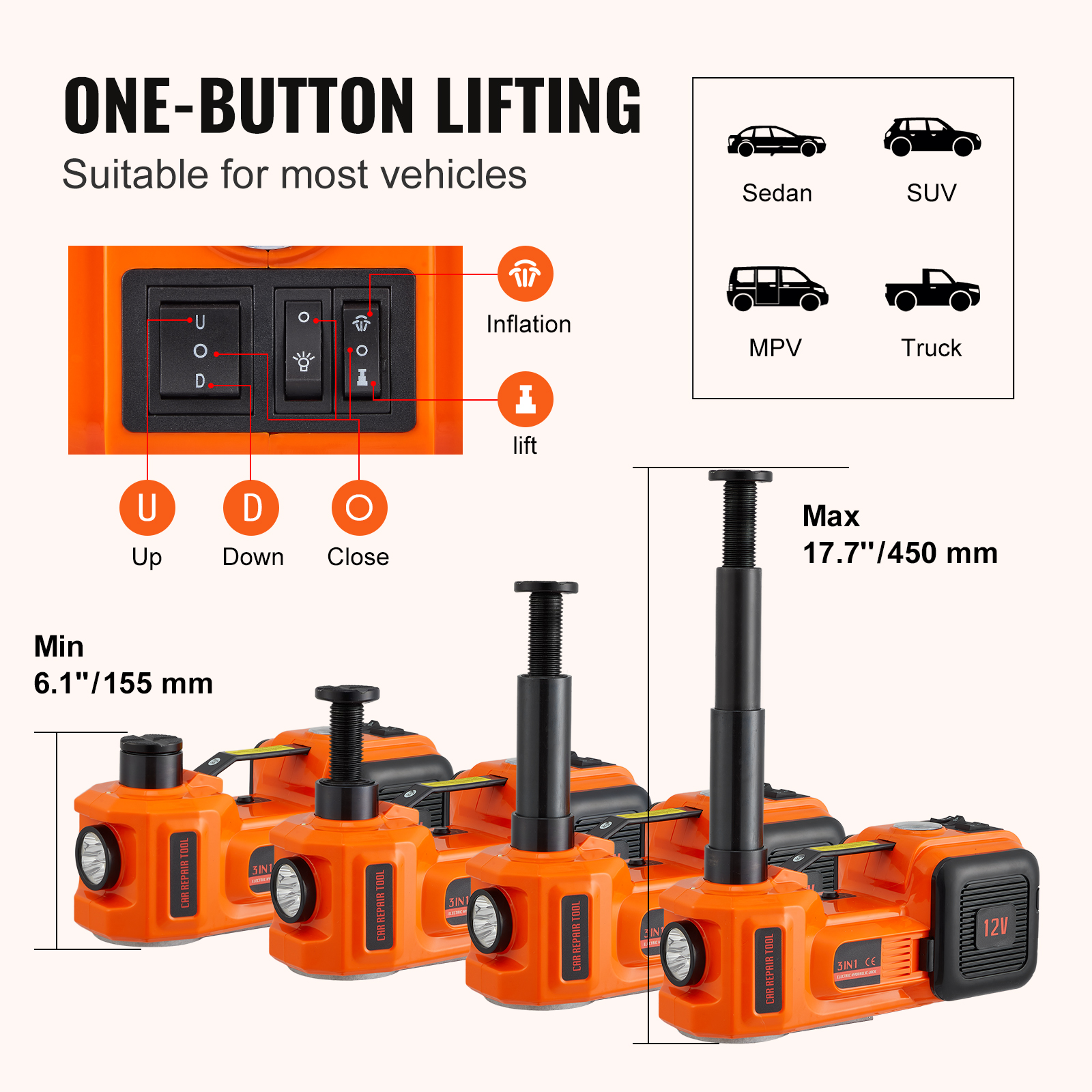 Drei orangefarbene elektrische Wagenheber mit integrierten Lichtern und Bedienelementen.