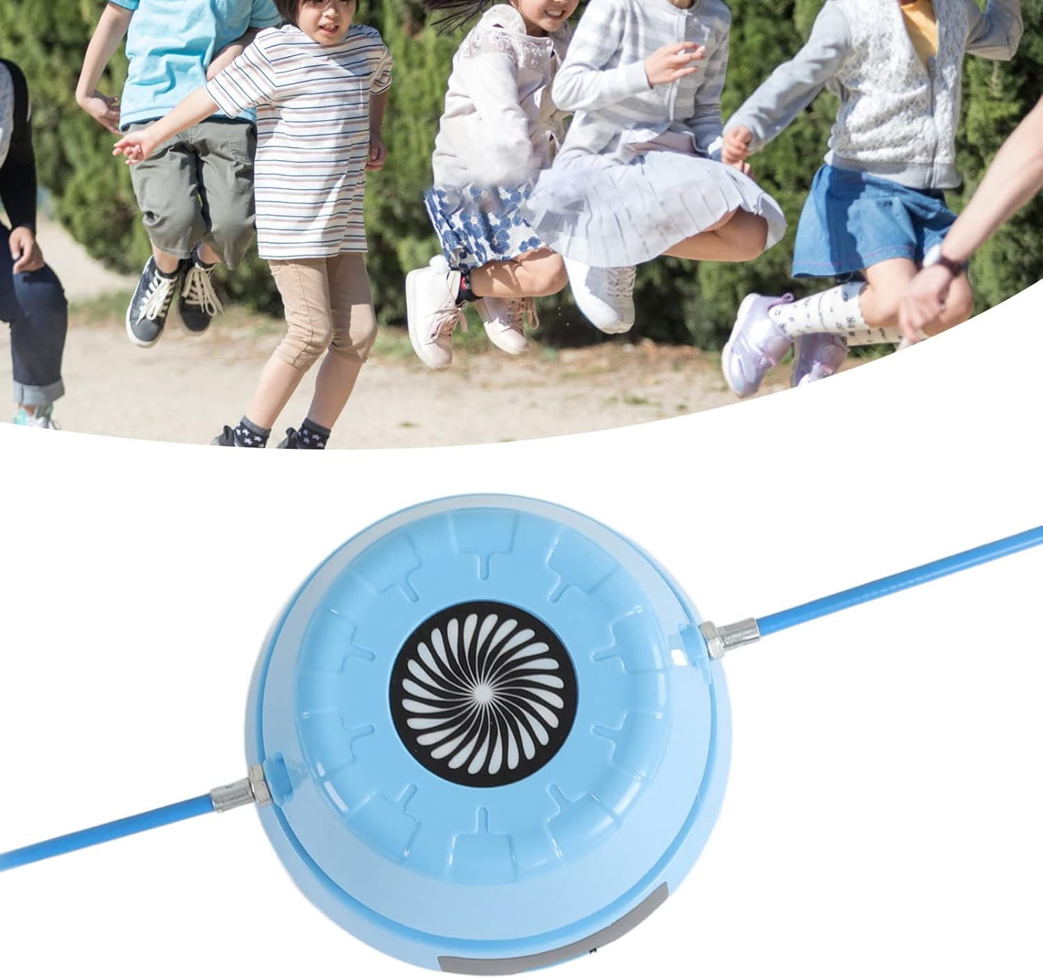 Kinder springen Seil, unten ein blaues Zählrad.