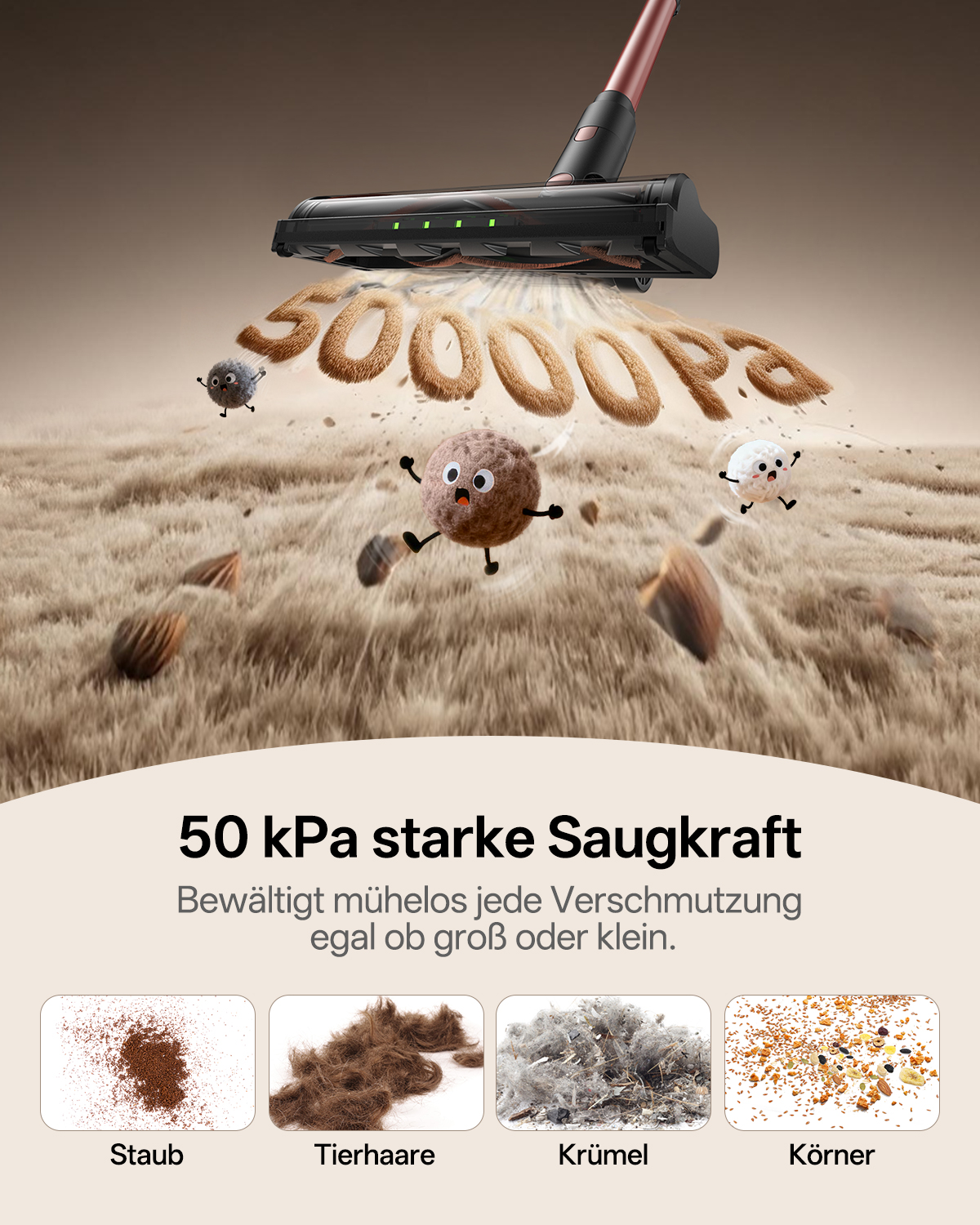 Staubsauger saugt 50000 Pa Staub, Tierhaare, Krümel und Körner auf.