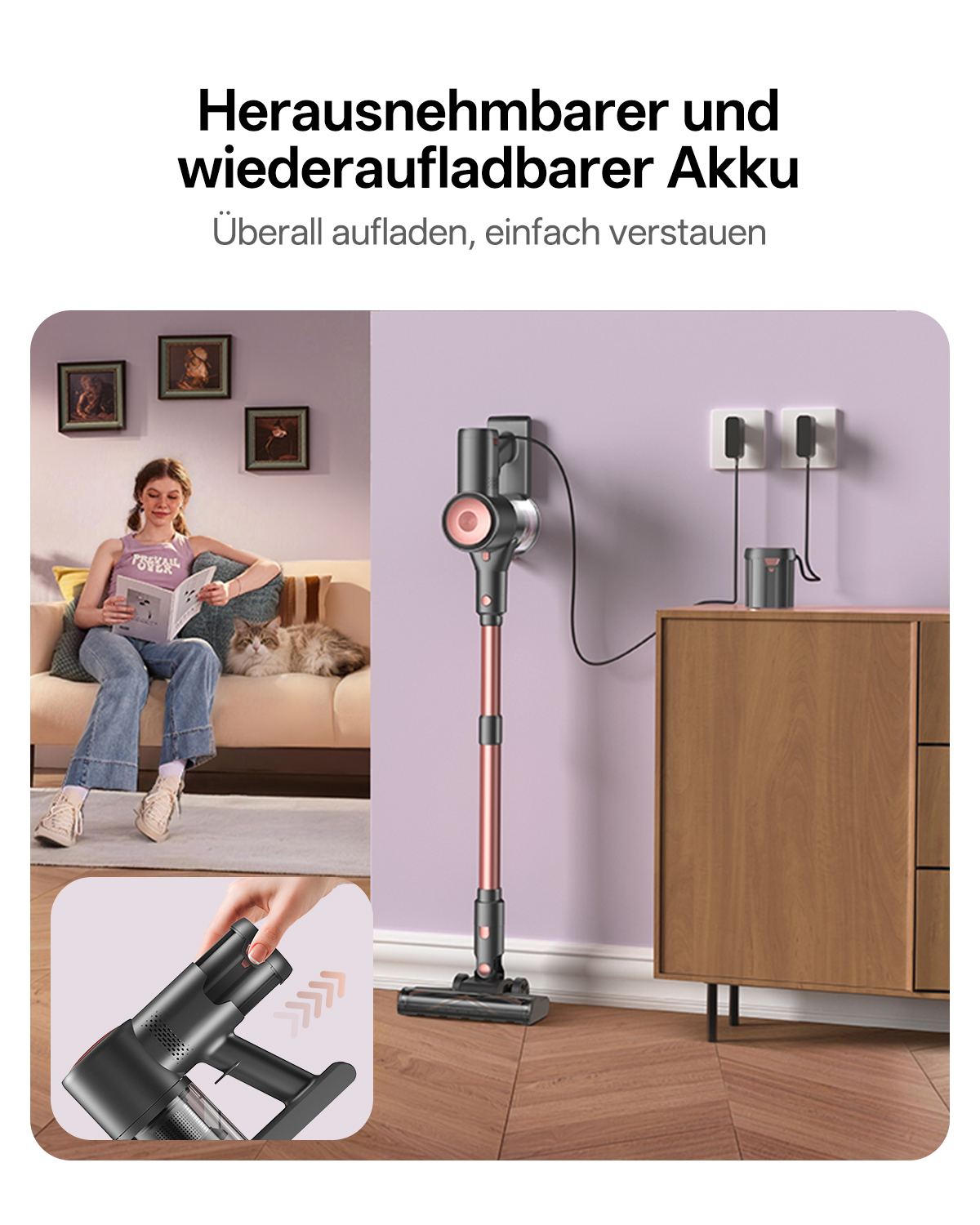 Ein moderner Staubsauger, eine Frau mit Katze, und eine Ladestation im Wohnzimmer.
