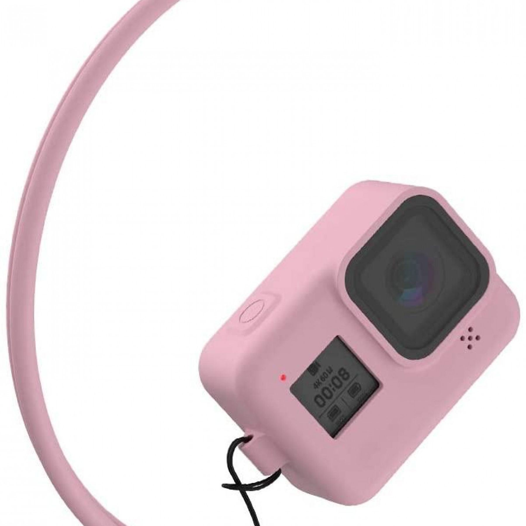 Eine rosa Schutzhülle für eine Action-Kamera, die auf einem weißen Hintergrund isoliert ist.