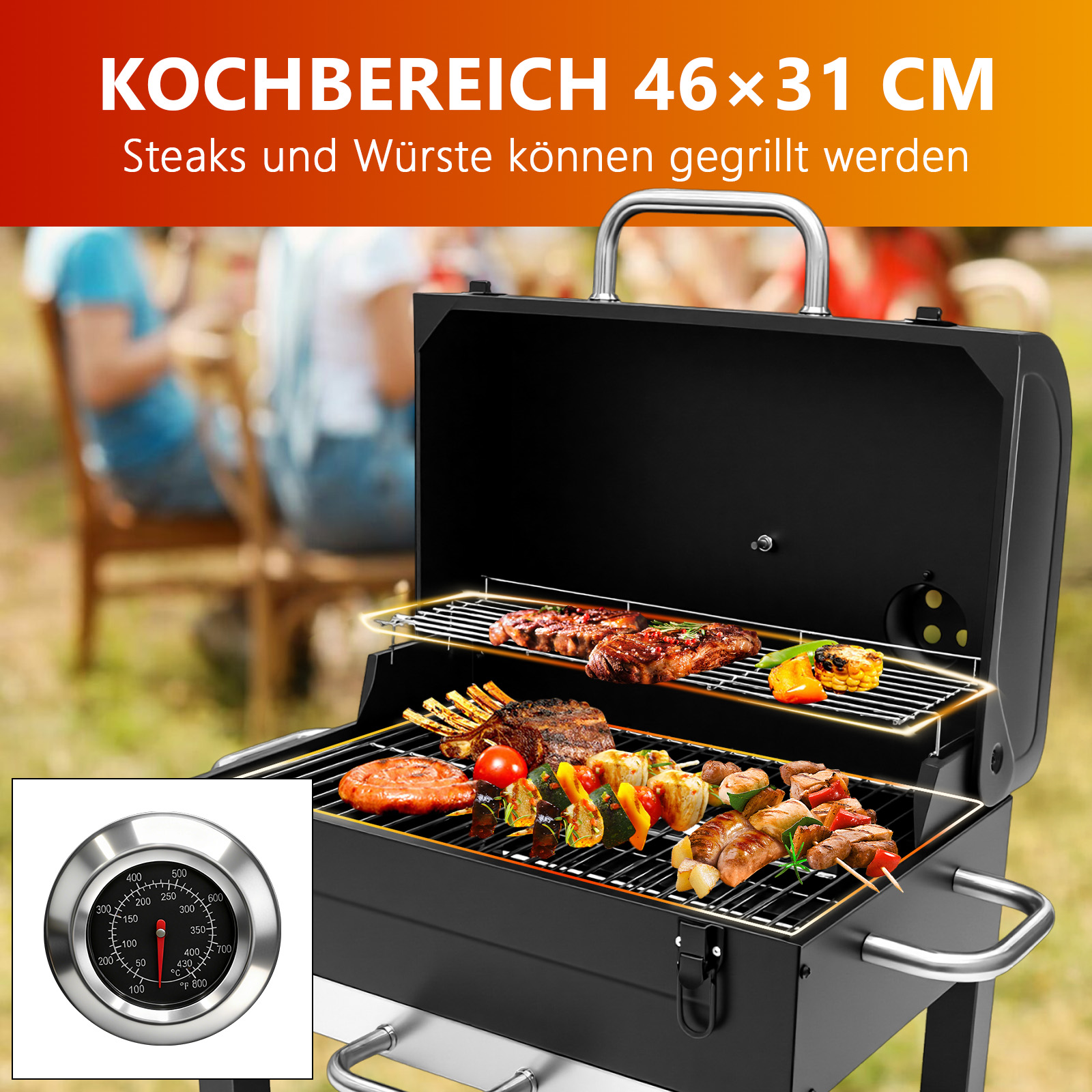 SunJas Roestvrijstalen klapgrill, houtskoolgrill, BBQ grill, dubbel grilloppervlak, 34 x 21,5 cm, tafelgrill, campinggrill voor outdoor koken, camping en picknick