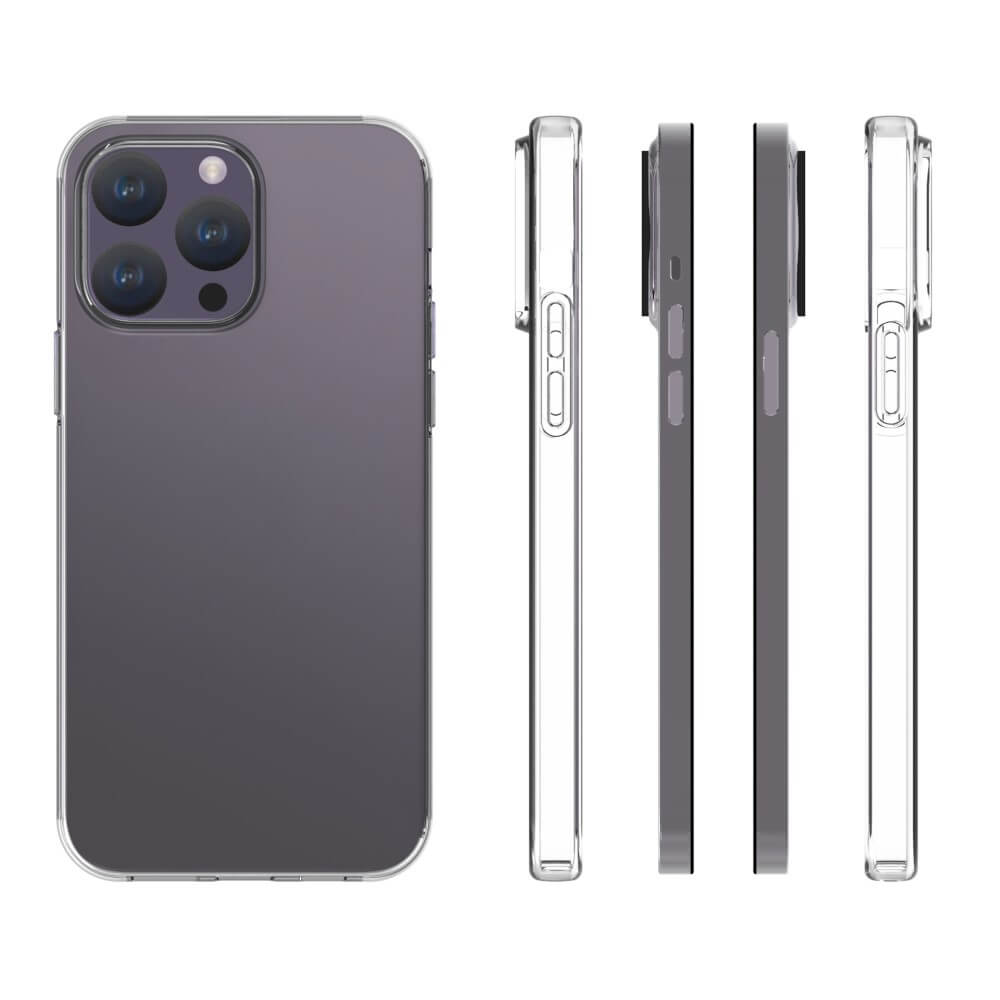 Una custodia trasparente per telefono con ritaglio fotocamera e viste laterali.