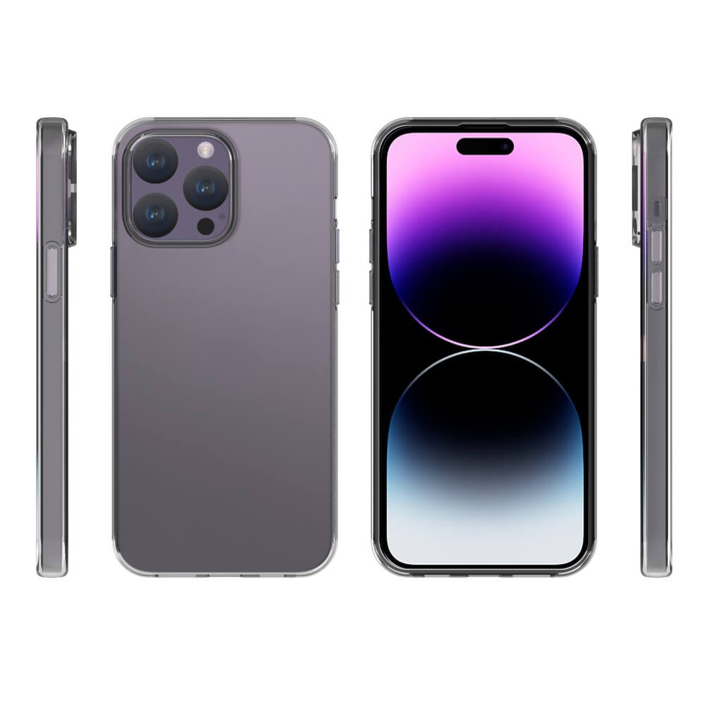 Smartphone grigio con tre fotocamere e sfondo viola al centro.