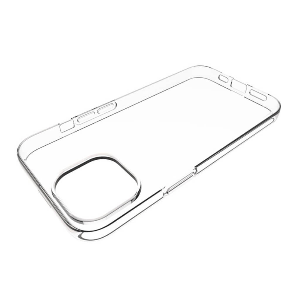 Custodia trasparente per telefono con ritagli per fotocamera e pulsanti.