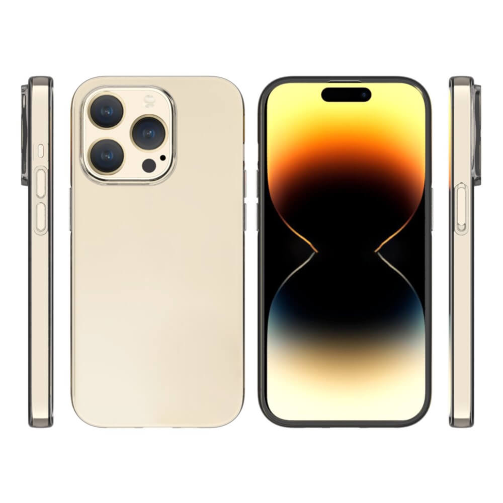Ein goldener iPhone-Schutzhülle-Mockup mit Rück- und Seitenansichten.