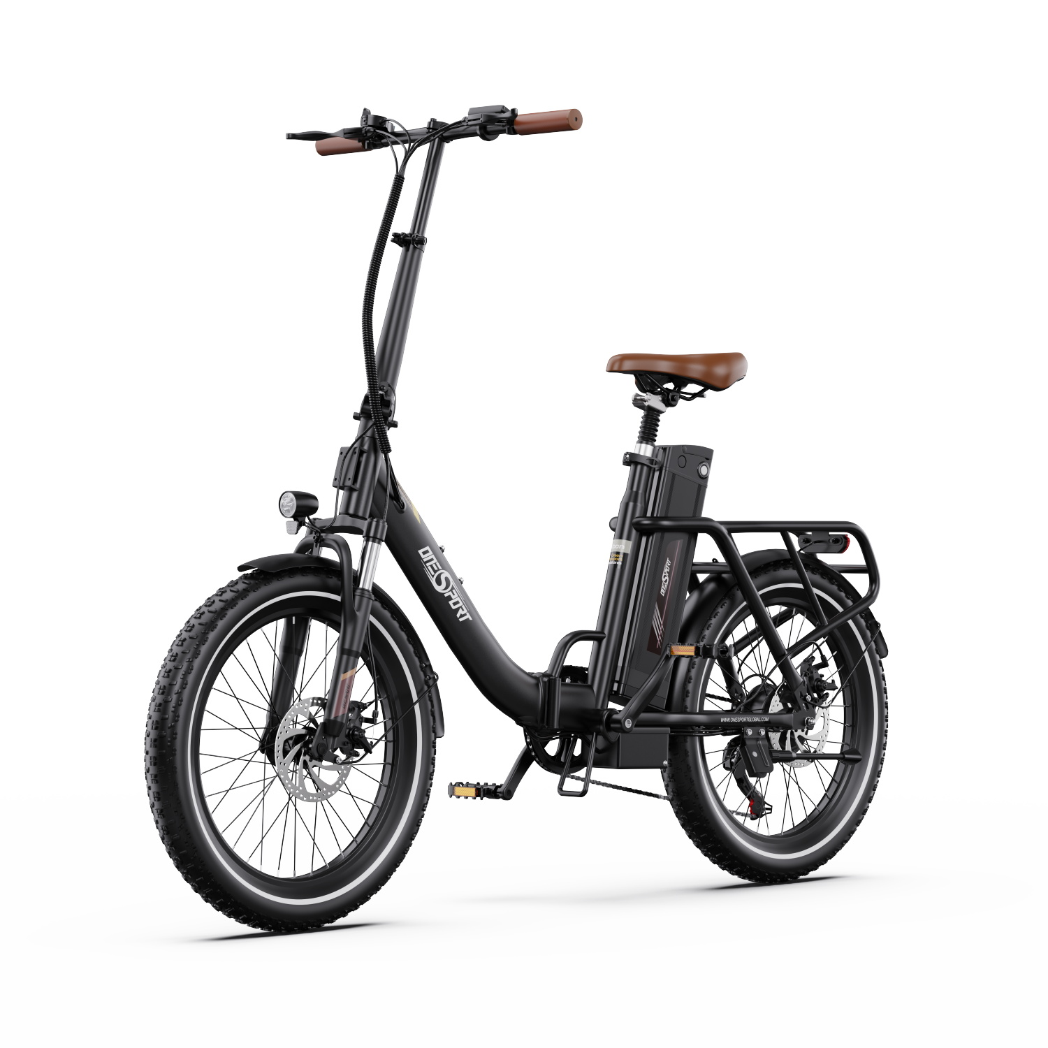 Una bici elettrica pieghevole nera con sella e manopole marroni, gomme larghe.