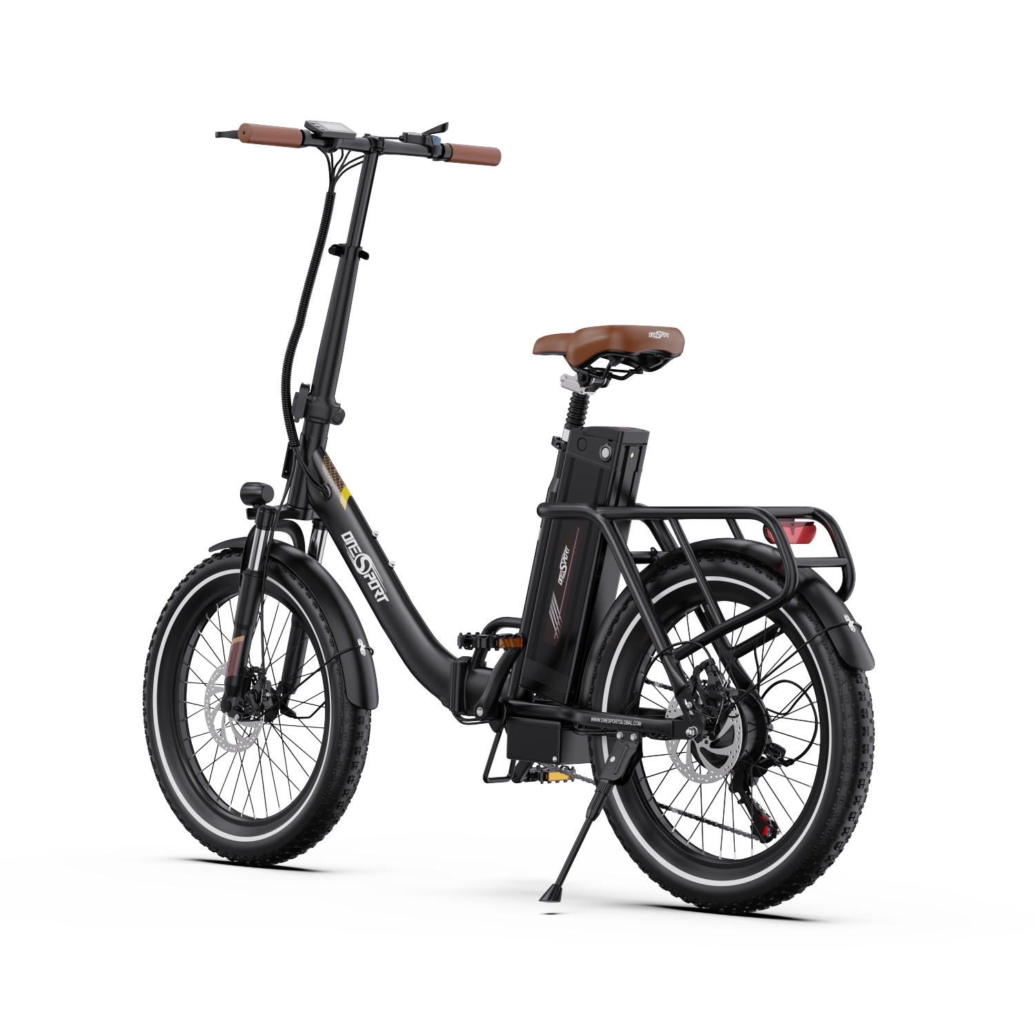 Schwarzes E-Bike mit braunem Sattel und Griffen, dickem Reifen, Gepäckträger.