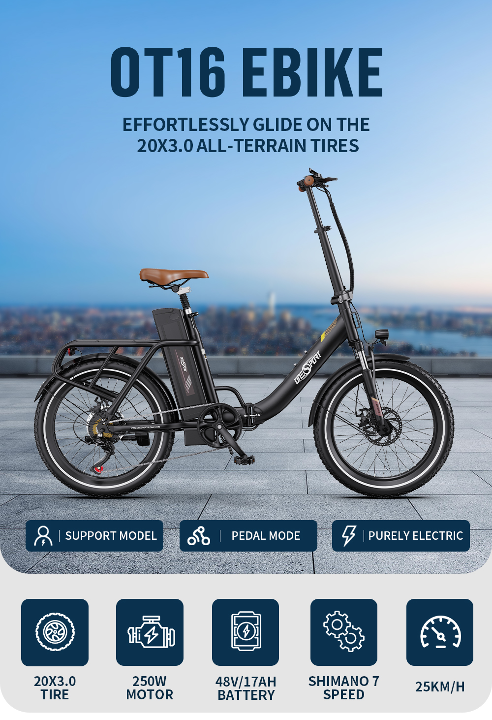 Bicicletta elettrica nera OT16 con sella e portapacchi marrone, su un tetto.