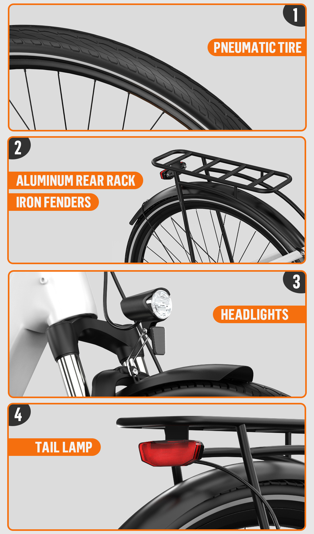 Primer plano de neumático de bicicleta, portabultos de aluminio, guardabarros y luz trasera.