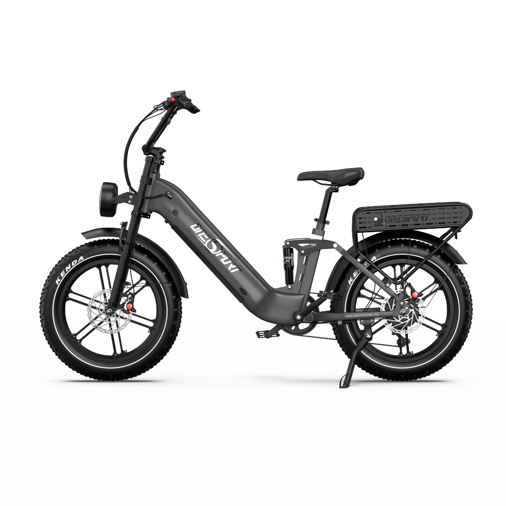 Ein graues E-Bike mit breiten Reifen, Federung und Gepäckträger.