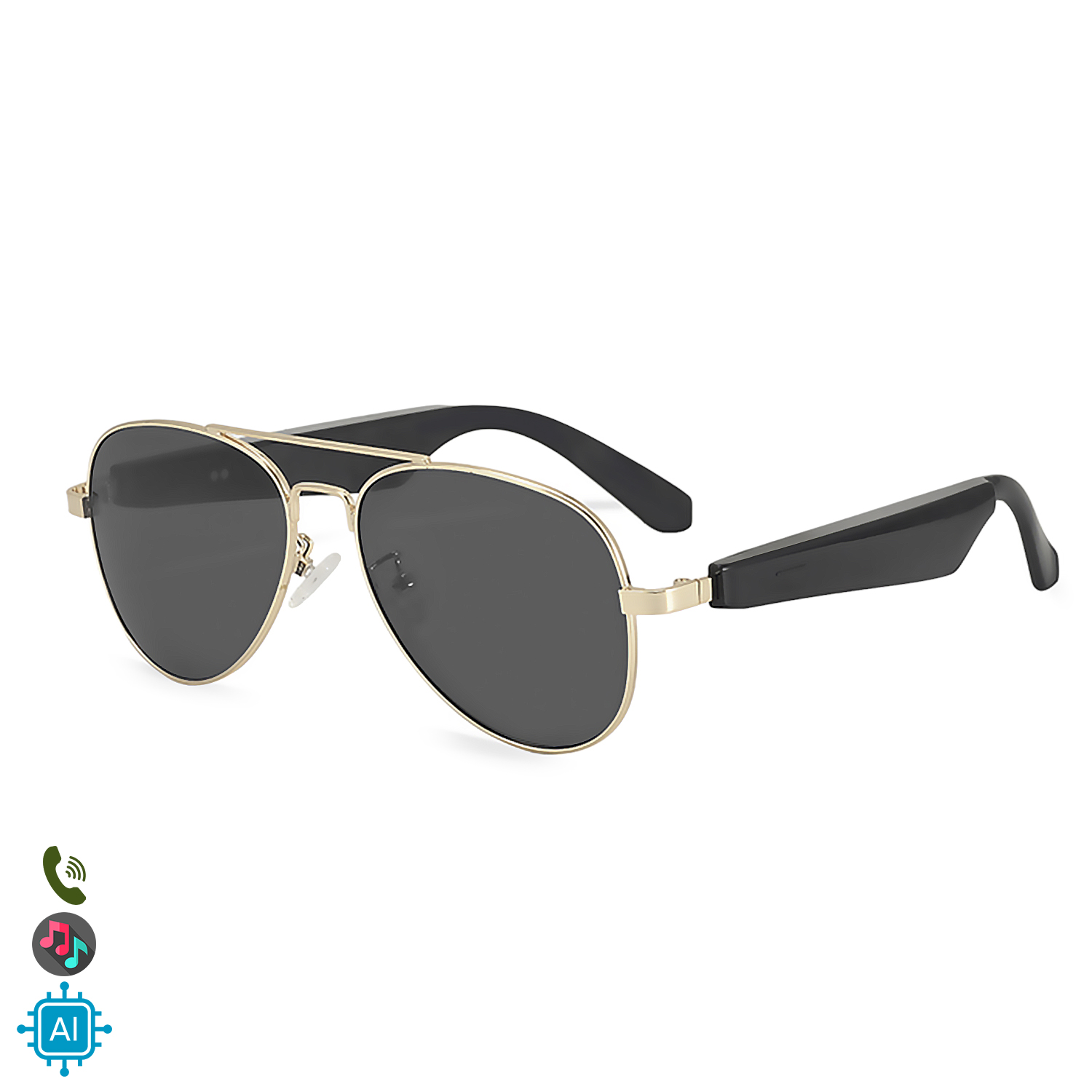Occhiali da sole aviator dorati con lenti nere e aste nere.
