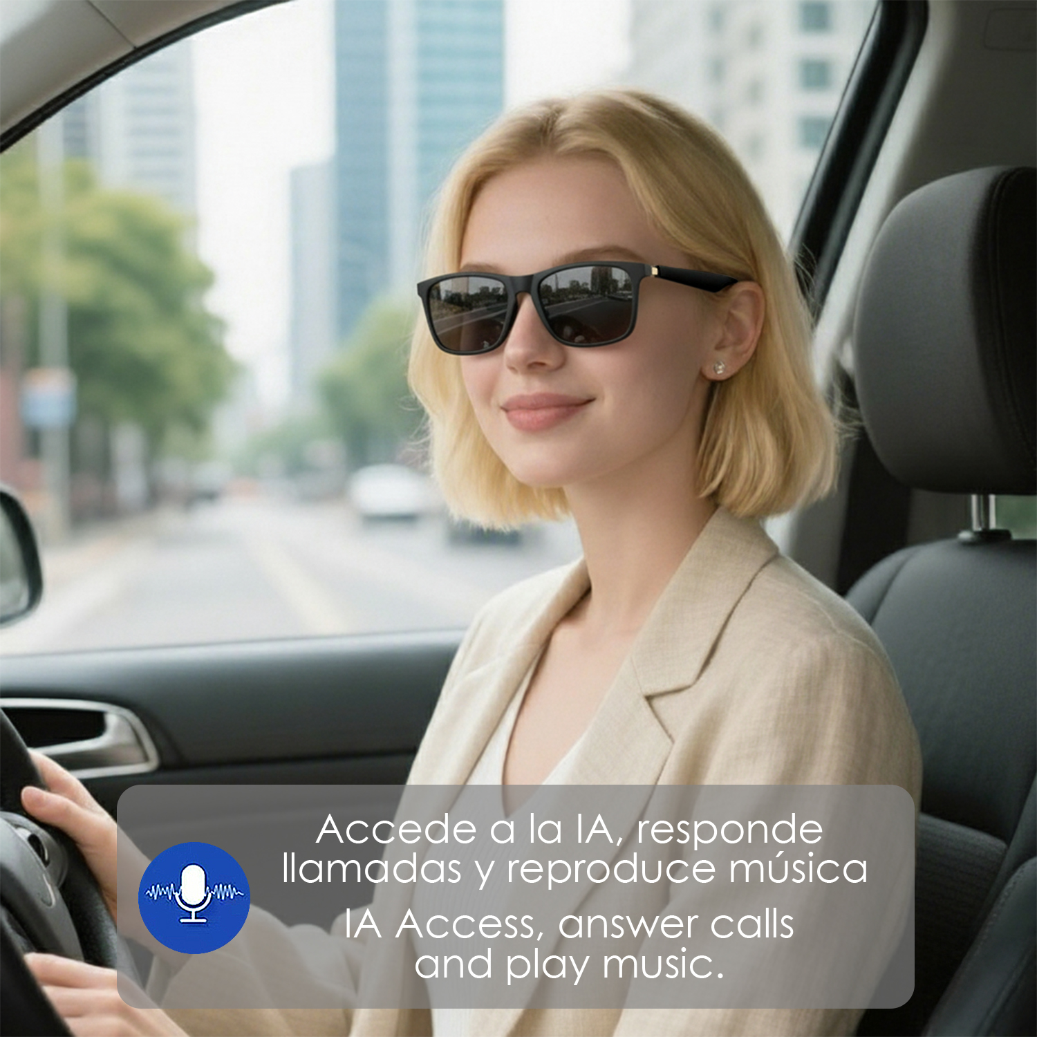 Eine Frau mit blonden Haaren fährt ein Auto und trägt eine Sonnenbrille.