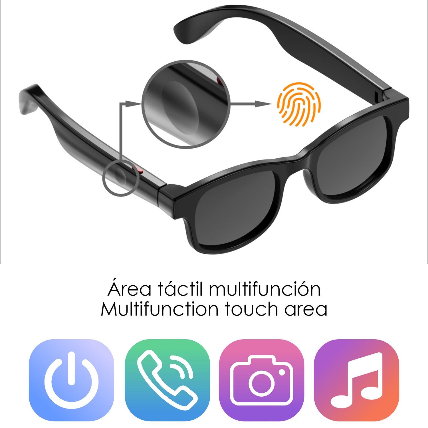 Occhiali neri con area touch e icona impronta. Icone per accensione, telefono, fotocamera, musica.