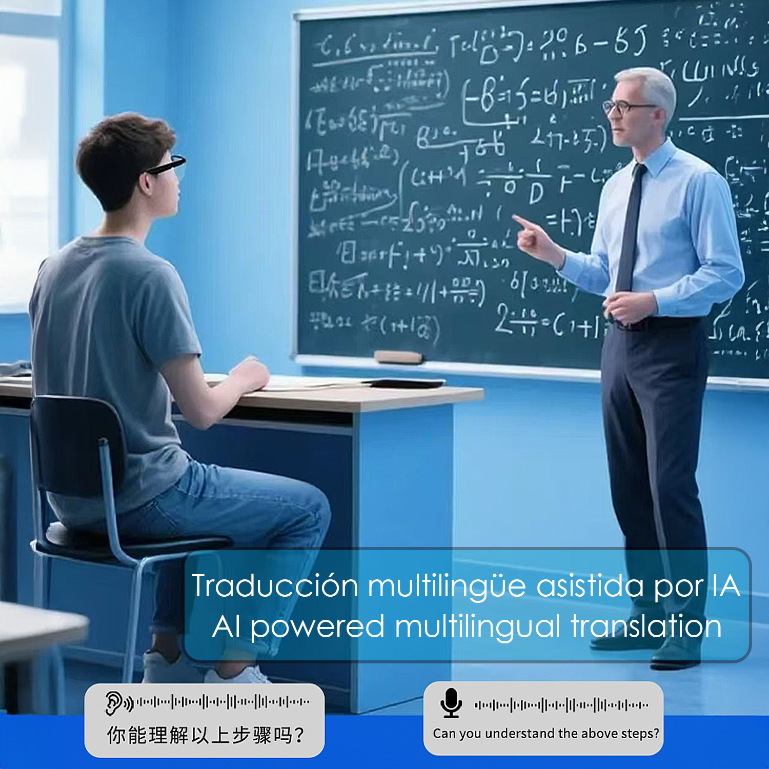 Lehrer erklärt Mathematikschüler an einer Tafel mit Gleichungen. KI-Übersetzung.