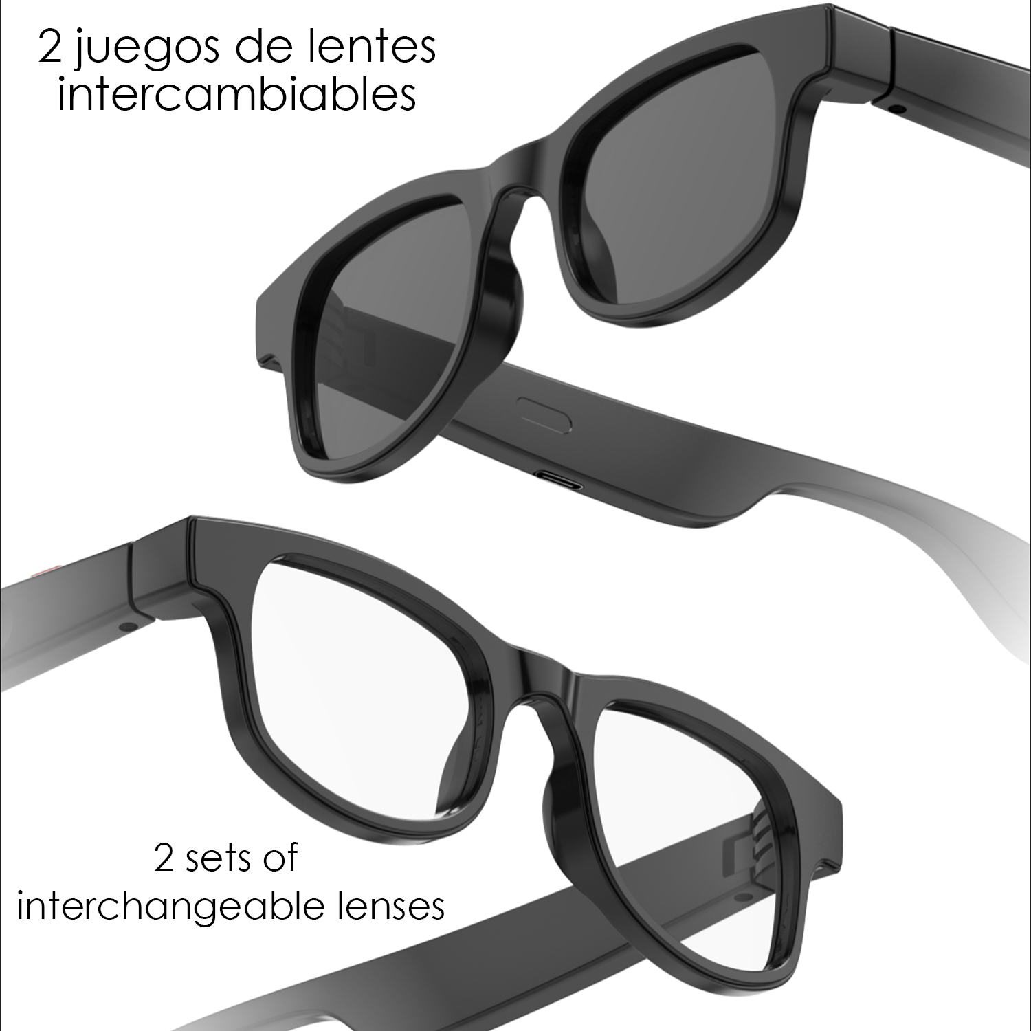 Due paia di occhiali neri con lenti intercambiabili, uno con lenti scure.