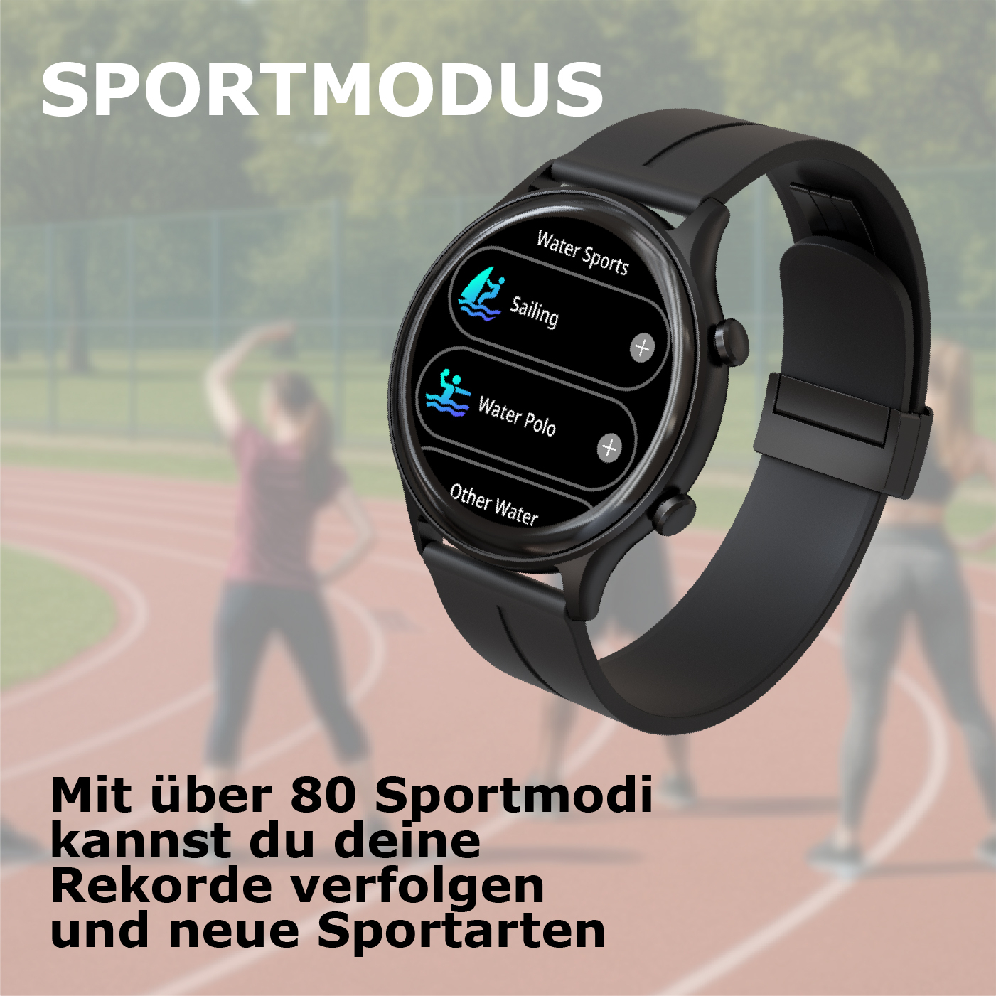 Schwarze Smartwatch zeigt Sportmodi wie Segeln und Wasserball auf dem Bildschirm.