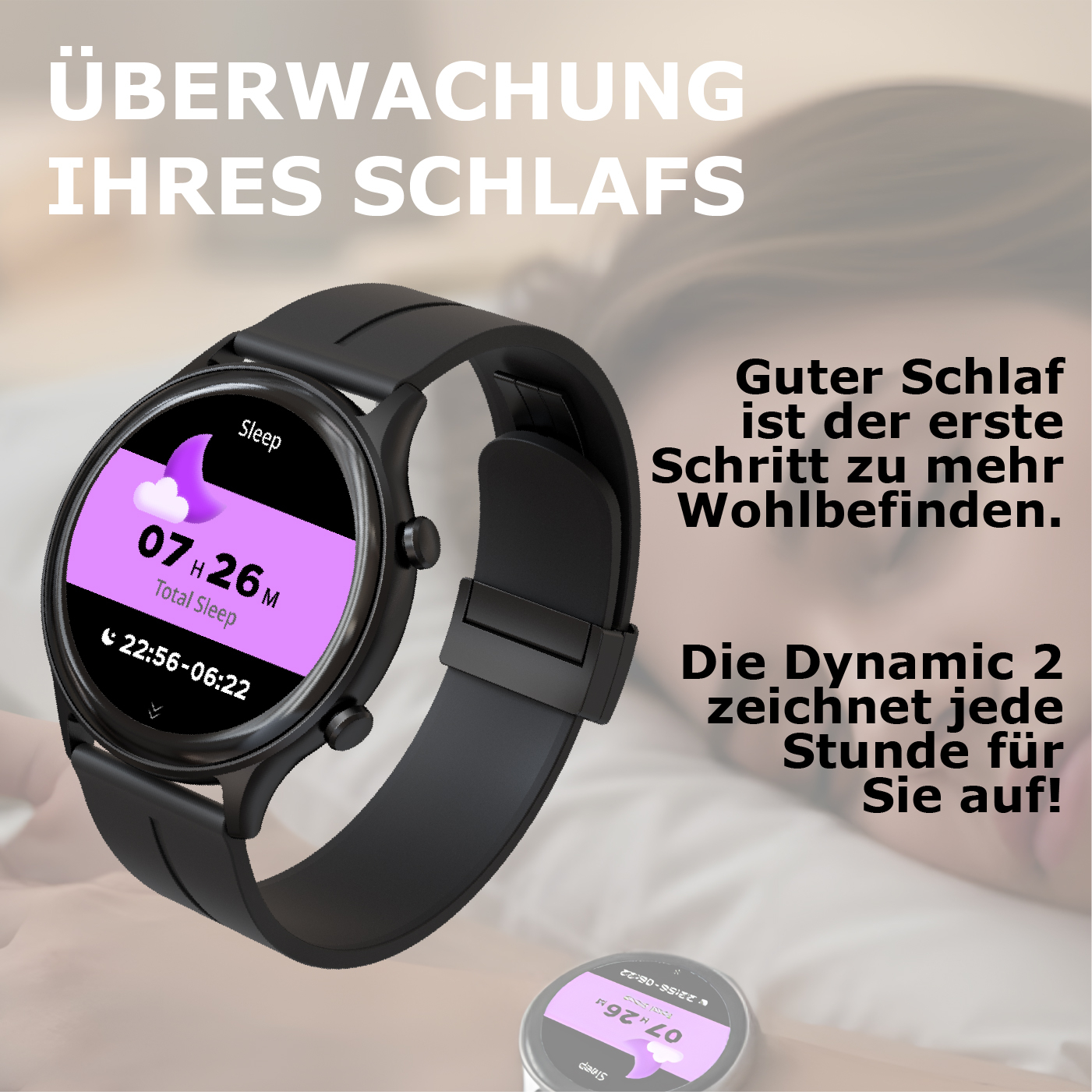 Eine schwarze Smartwatch mit lila Schlafanzeige auf dem Zifferblatt.
