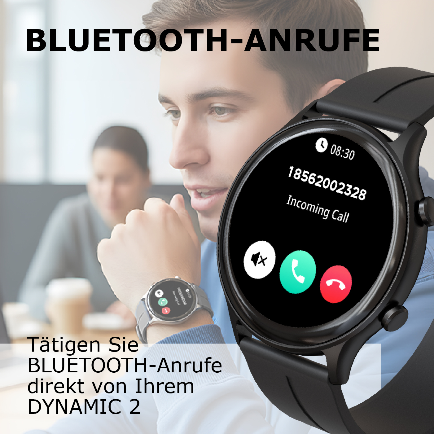 Mann mit Smartwatch, die einen eingehenden Anruf zeigt. BLUETOOTH-Anrufe.