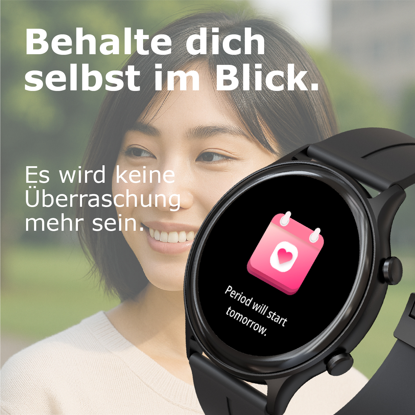 Eine Frau blickt nach rechts, eine Smartwatch zeigt einen Kalender mit Herz an.