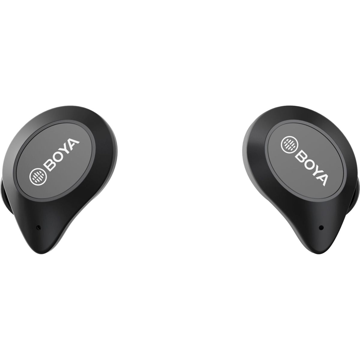 Dos auriculares negros BOYA sobre fondo blanco.