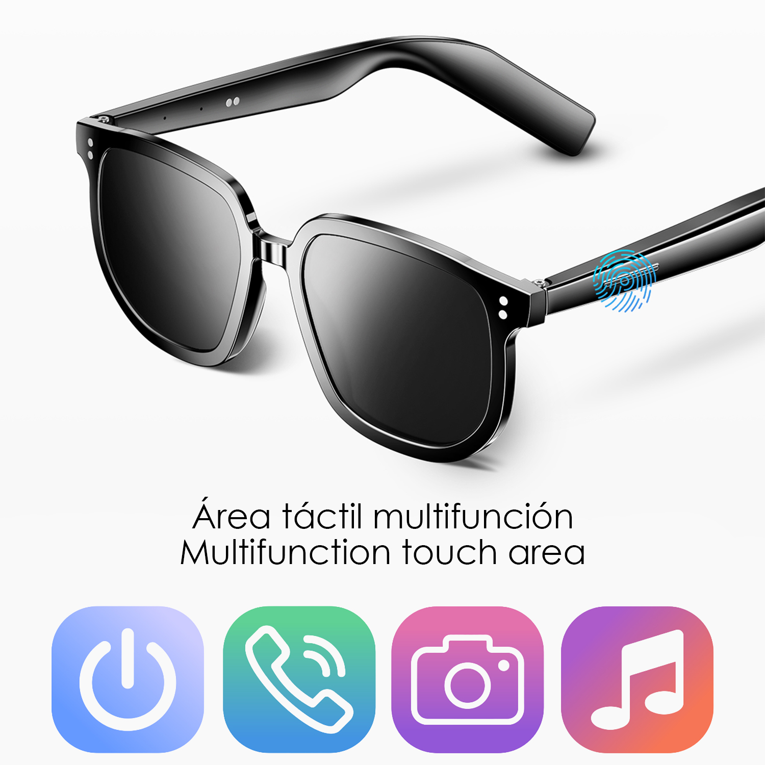 Occhiali da sole neri con area touch e icone per accensione, telefono, fotocamera, musica.