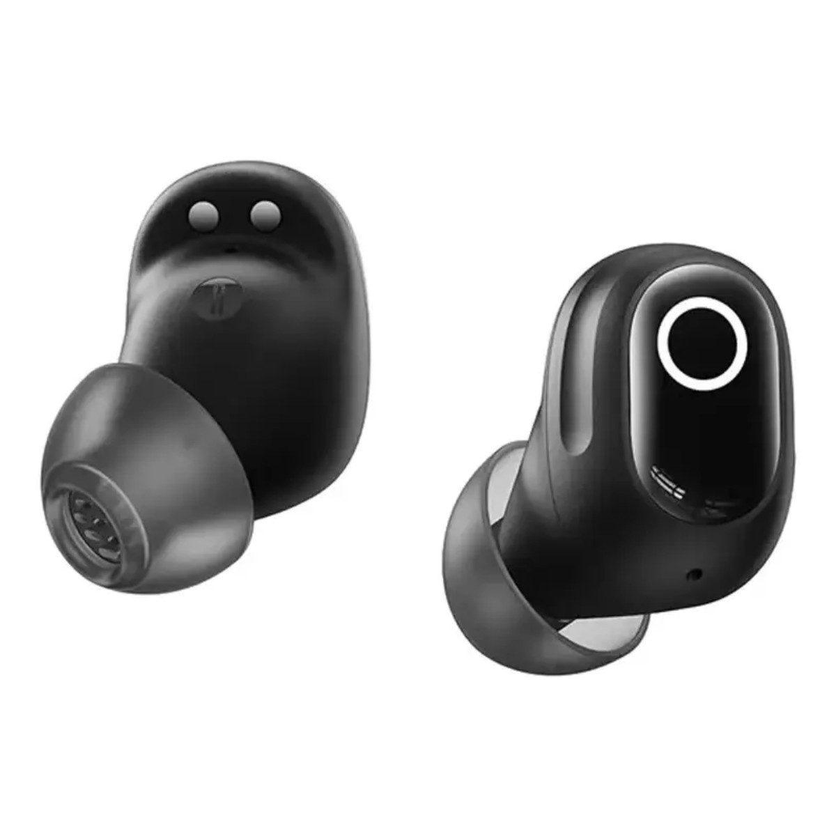 Due auricolari wireless neri su sfondo bianco.