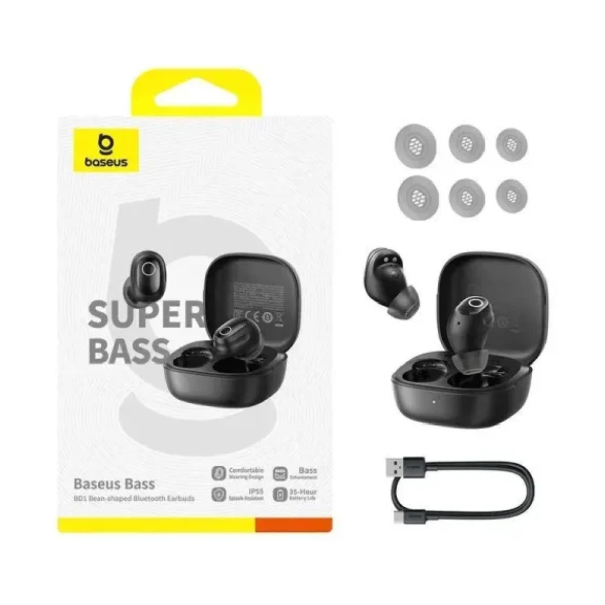 Auricolari Baseus Bass, custodia di ricarica, cavo e gommini.