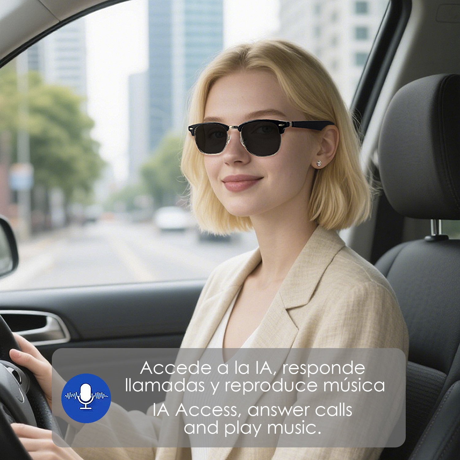 Una donna bionda con occhiali da sole guida un'auto. Testo sull'accesso IA.