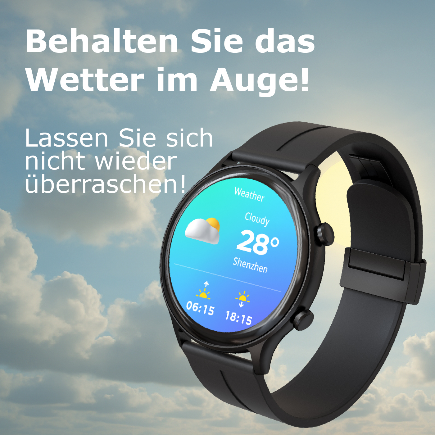 Schwarze Smartwatch zeigt Wetter: Bewölkt, 28°C in Shenzhen.