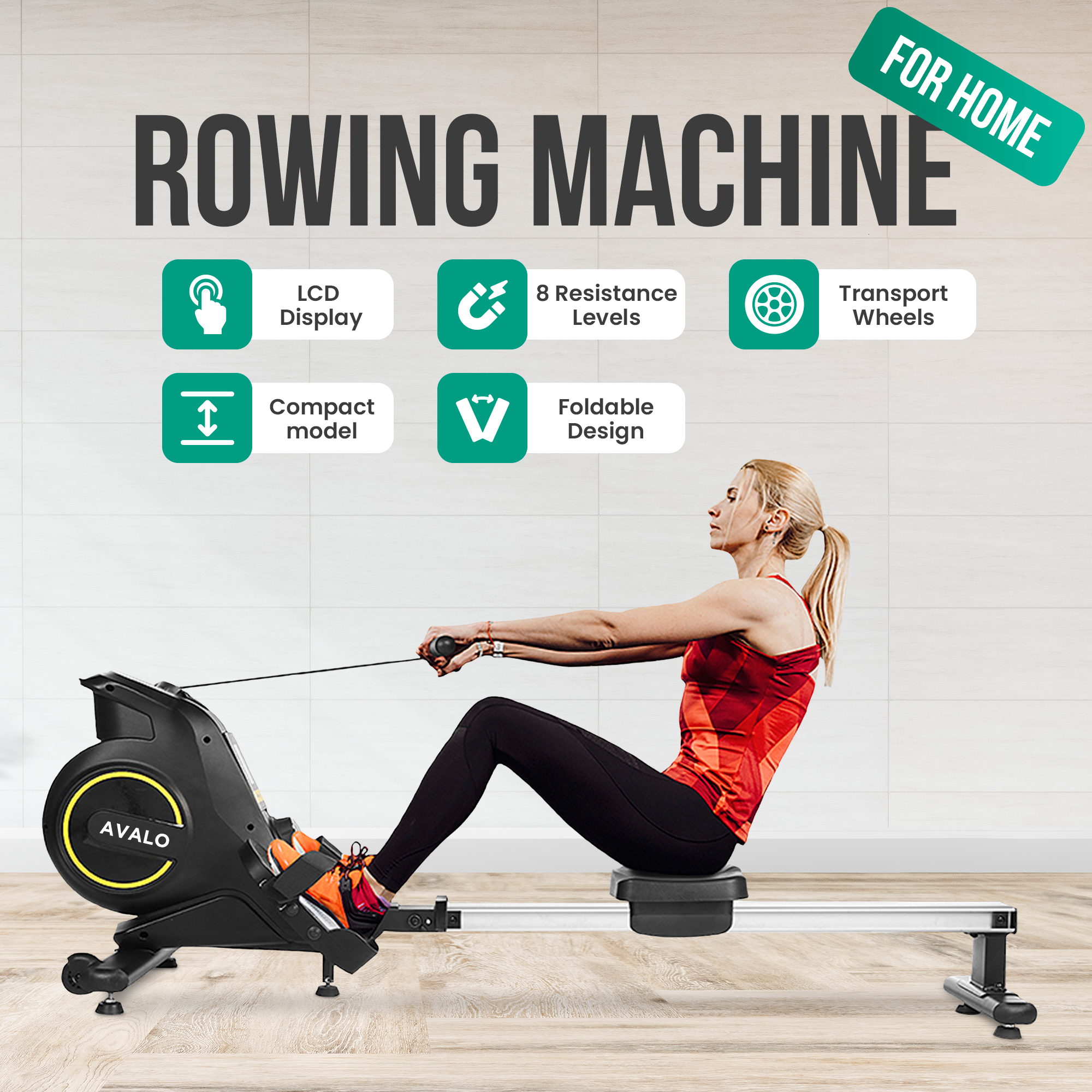 Woman rowing on a machine with LCD, 8 resistance levels, transport wheels.