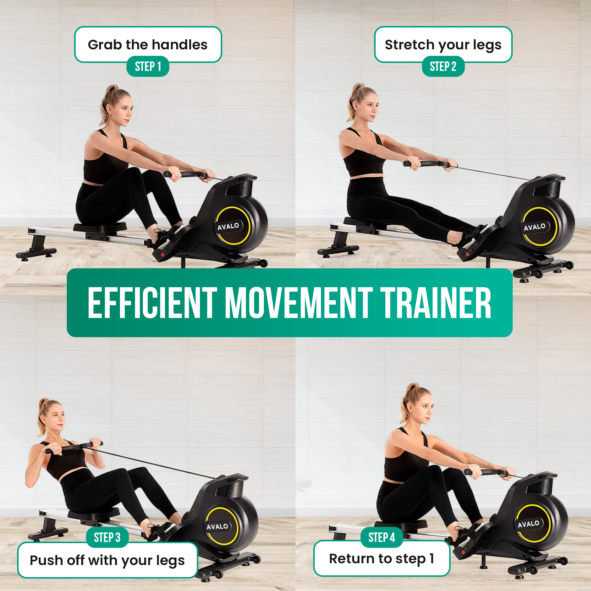 Woman on a rowing machine in four steps.