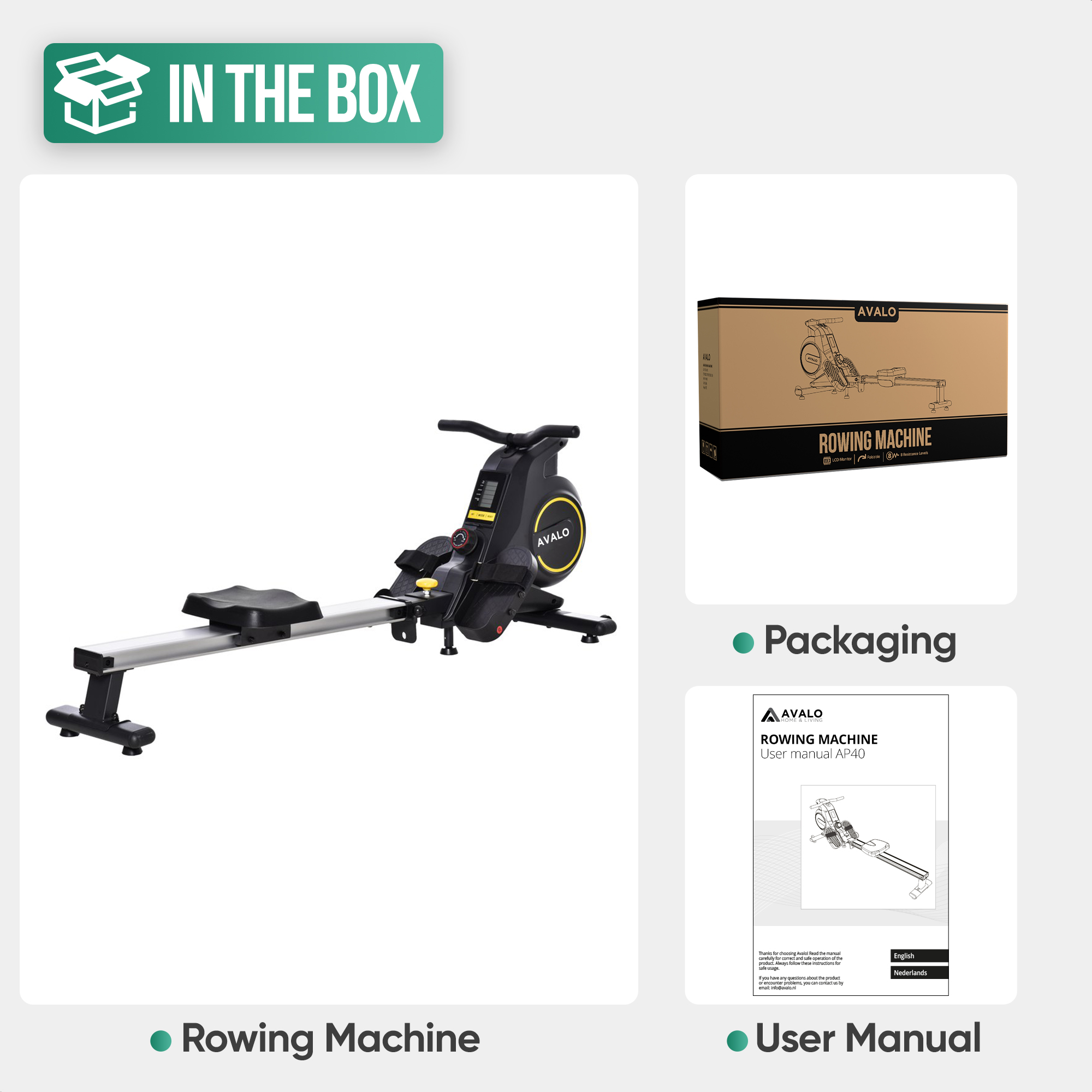 Rowing machine with packaging and user manual.