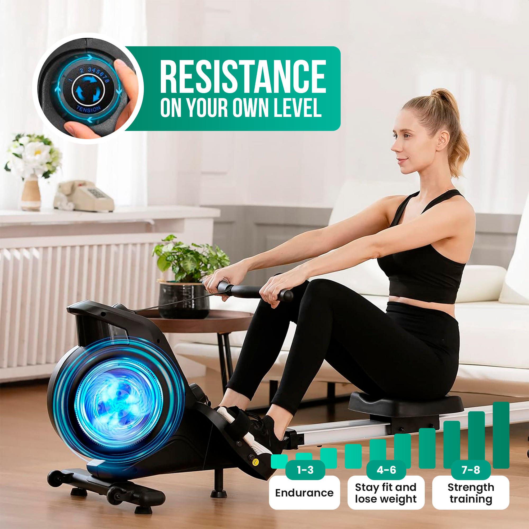 A woman works out on a rowing machine with blue lighting and a tension adjustment dial.