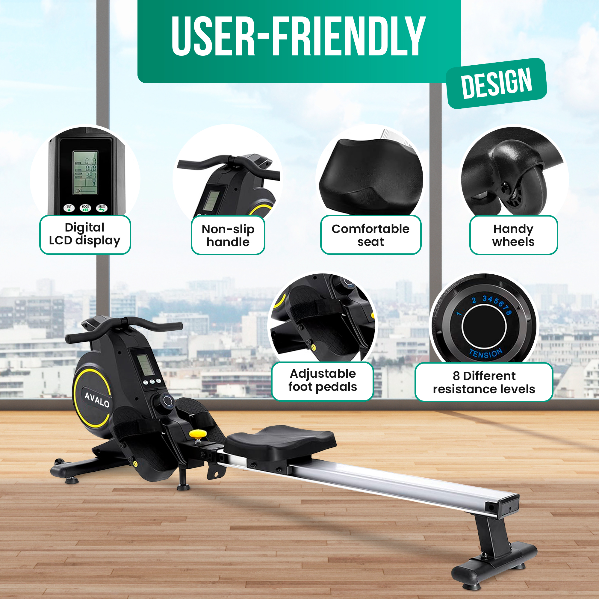 Rowing machine with digital display, adjustable pedals, and 8 resistance levels.