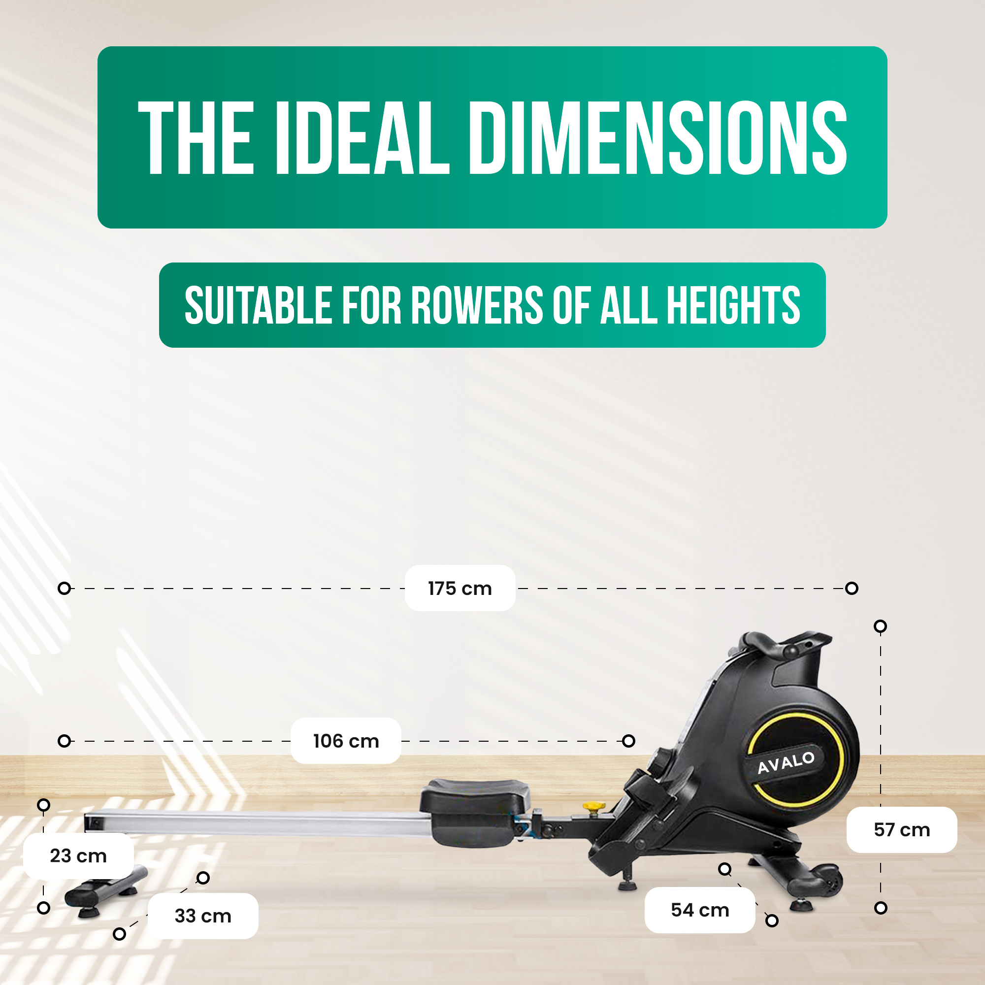 A black rowing machine with dimensions: 175 cm (length), 106 cm (seat travel), 57 cm (height).