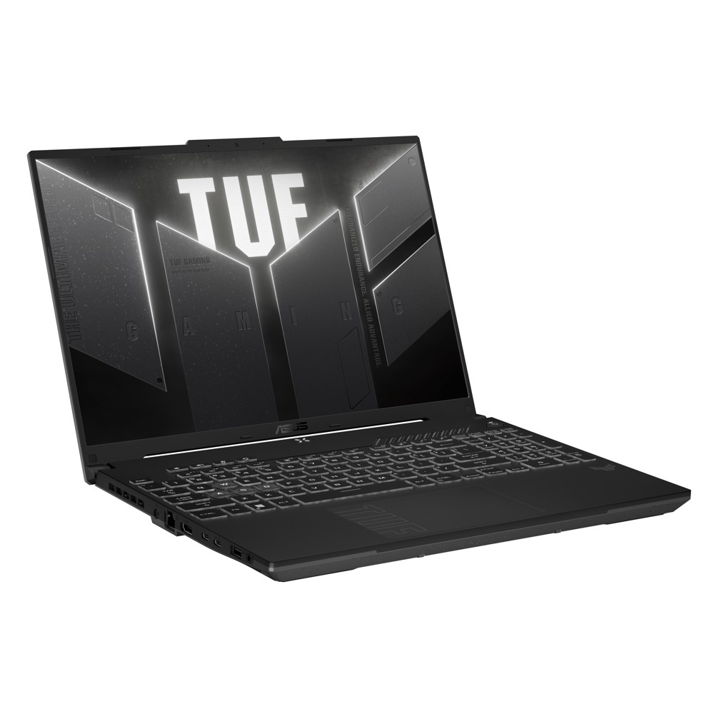 Ekranında TUF logosu ve arkadan aydınlatmalı klavyesi olan siyah dizüstü bilgisayar.