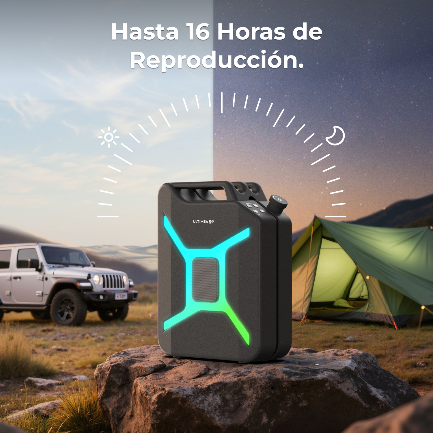 Altavoz portátil con luces verde/azul sobre roca cerca de jeep y tienda.