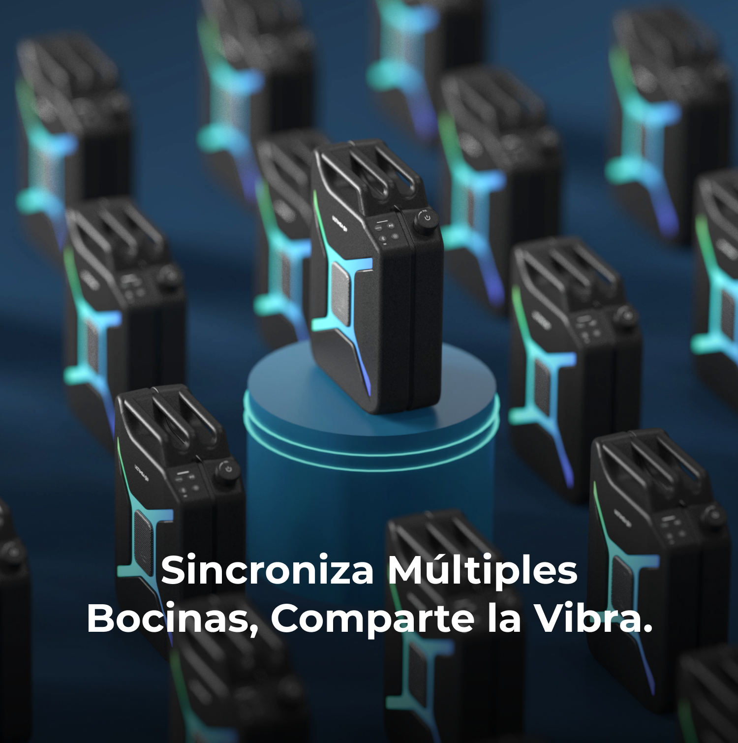 Múltiples altavoces negros con luces azul verdosas sobre fondo azul.