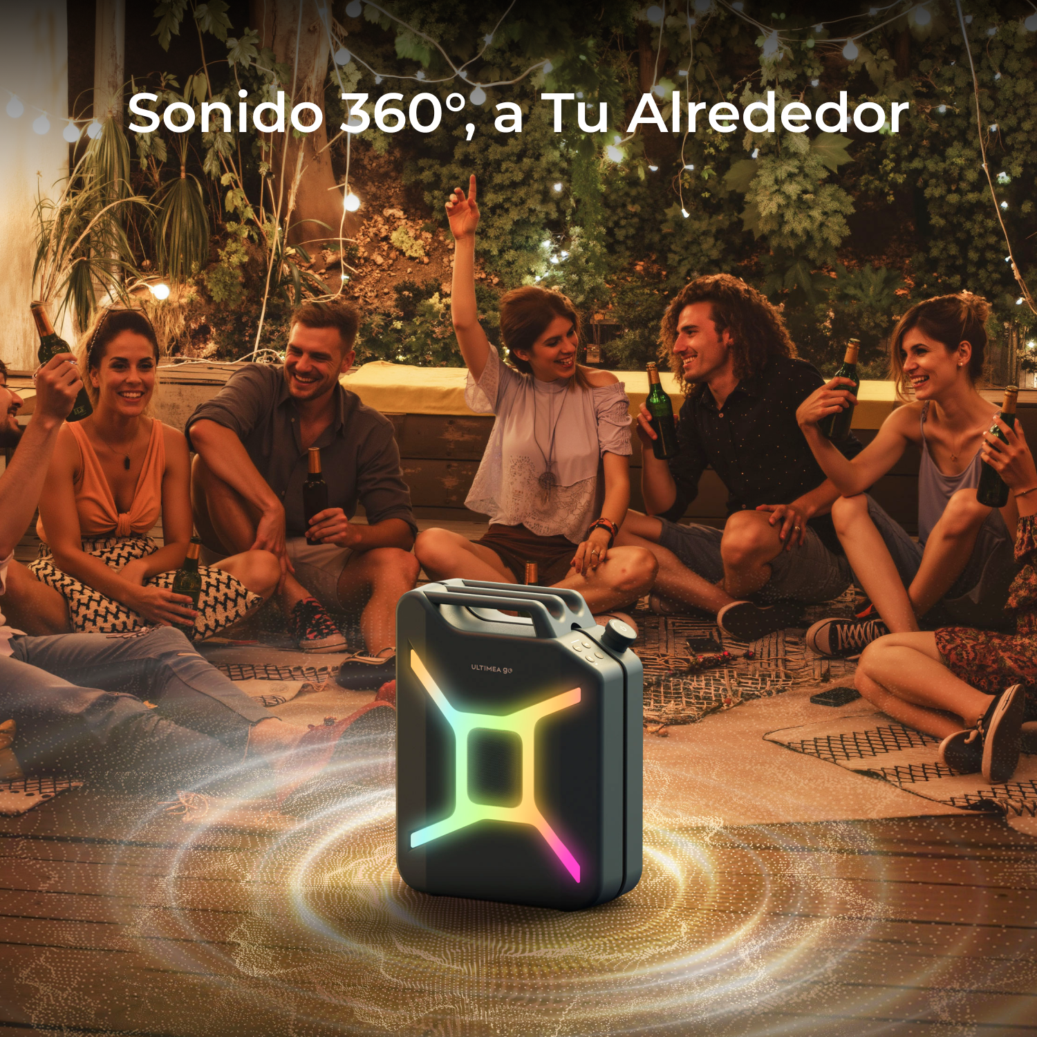 Gente de fiesta por la noche con un altavoz brillante.