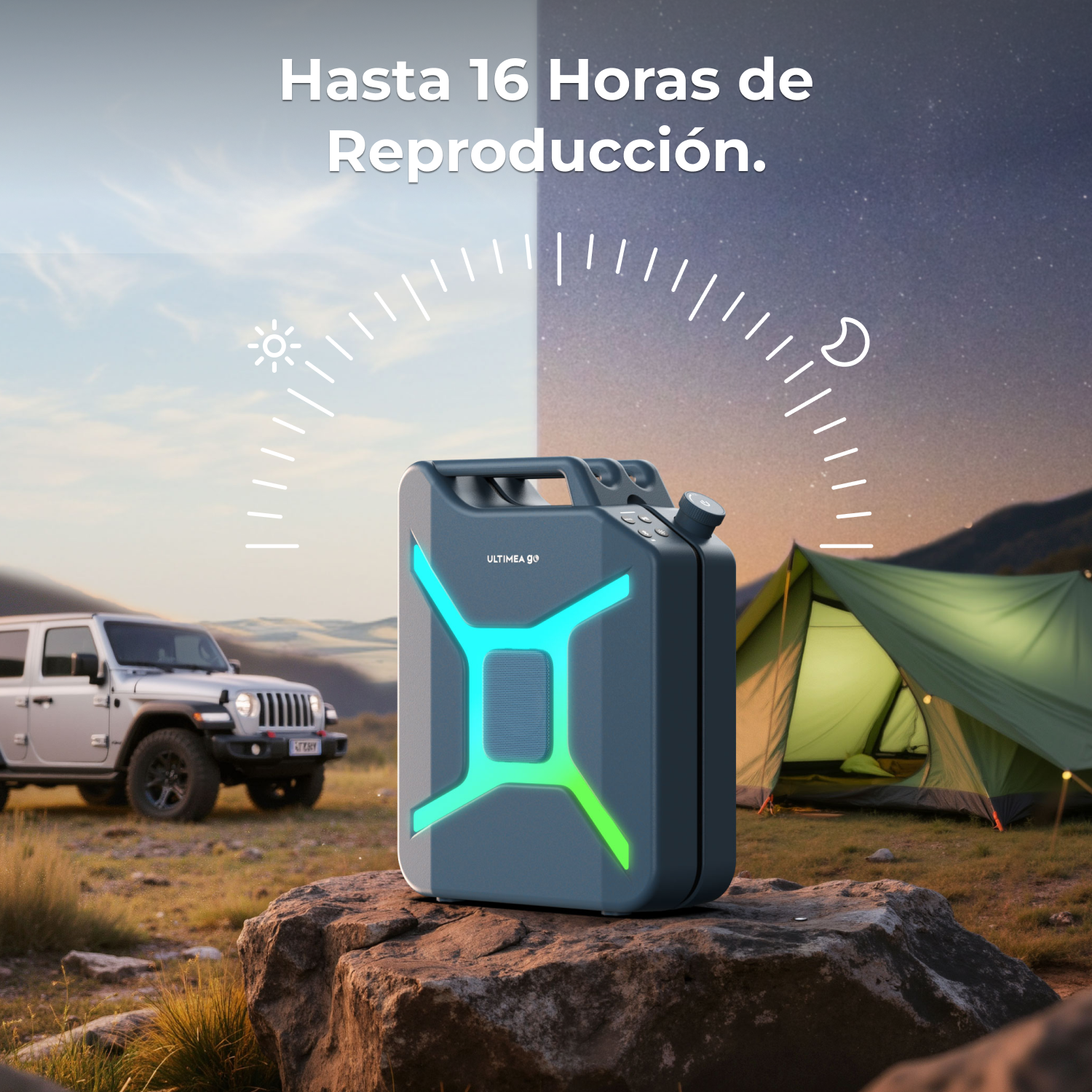 Altavoz gris con luces verde/azul sobre rocas, cerca de tienda y Jeep.