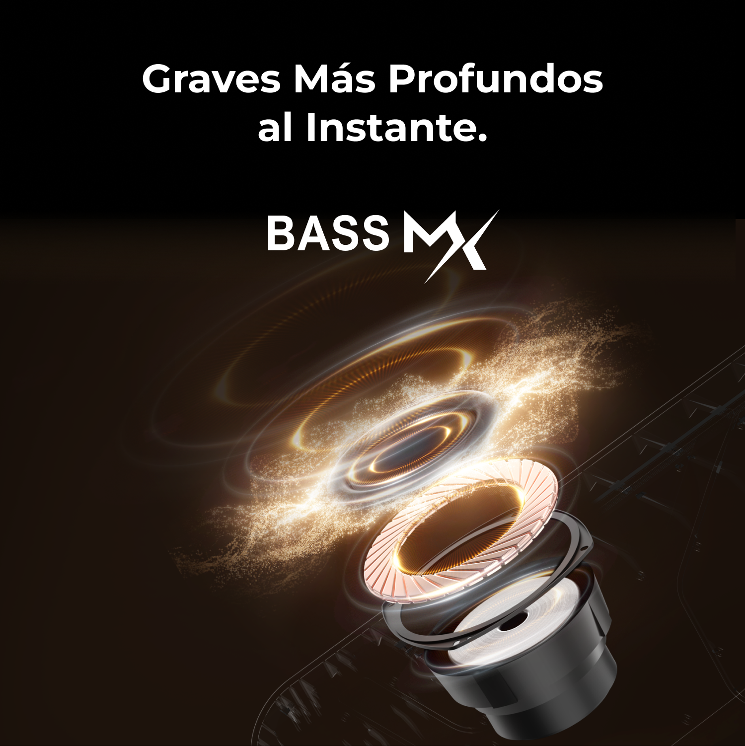 Cono de altavoz explotando con efectos de luz y texto.