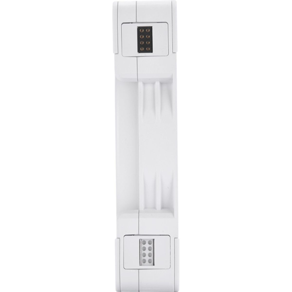 Biały uchwyt z dwoma panelami połączeniowymi, każdy z sześcioma pinami.