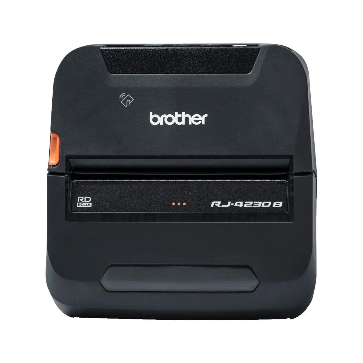 Zwarte Brother RJ-4230B printer met oranje knop en WiFi-symbool.