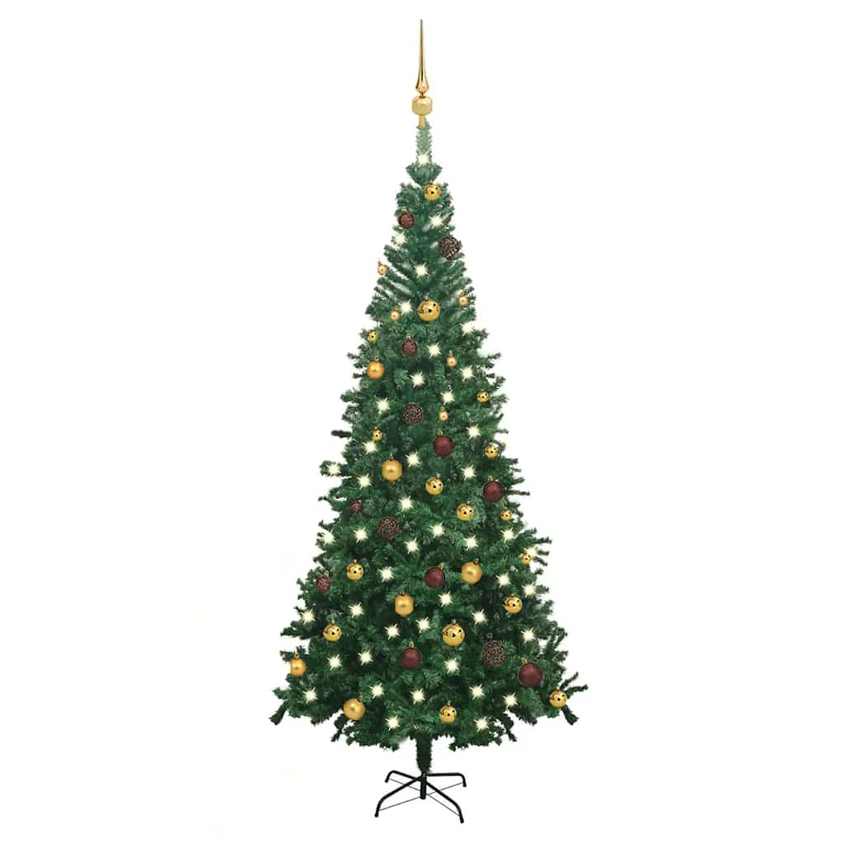 Ein geschmückter Weihnachtsbaum mit Lichtern und Kugeln in Gold und Rot.